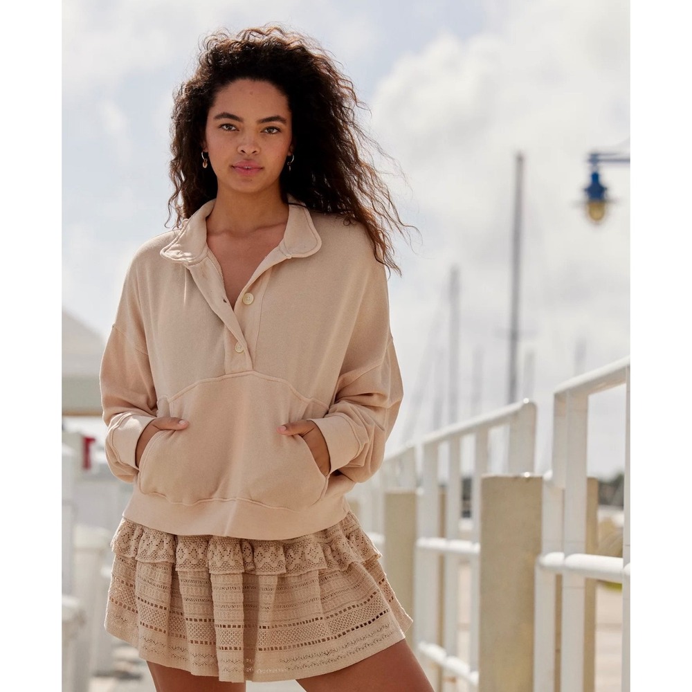 Aerie Soft Button Mock Neck Pullover Cropped Sweatshirt Sandlewood XL Oversized